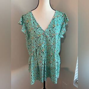 Staccato teal floral flutter sleeve blouse
